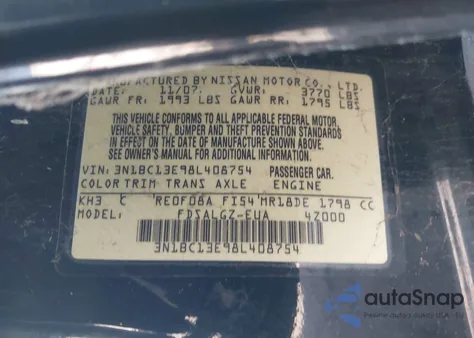 2008 Nissan Versa 1.8Sl z USA, uszkodzony, nr VIN 3N1BC13E98L408754